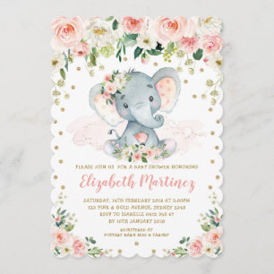 Invitation Joli Baby shower Floral Eléphant Girl