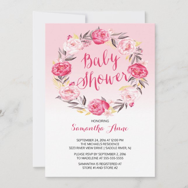 Invitation Joli Baby shower Floral Filles de couronne rose (Devant)