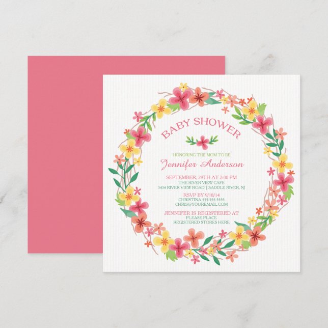 Invitation Joli Baby shower Floral Filles Wreath (Devant / Derrière)