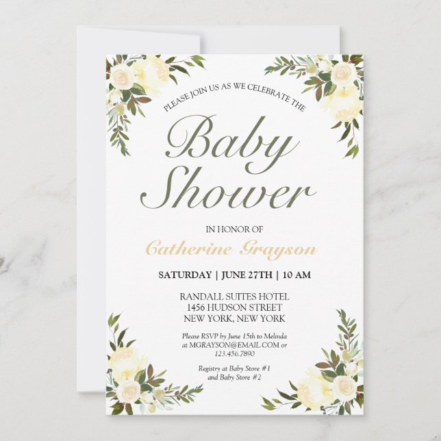Invitation Joli Baby shower Floral Jaune Neutre Genre (Devant)