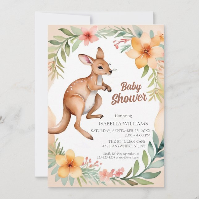 Invitation Joli Baby shower floral Kangaroo (Devant)