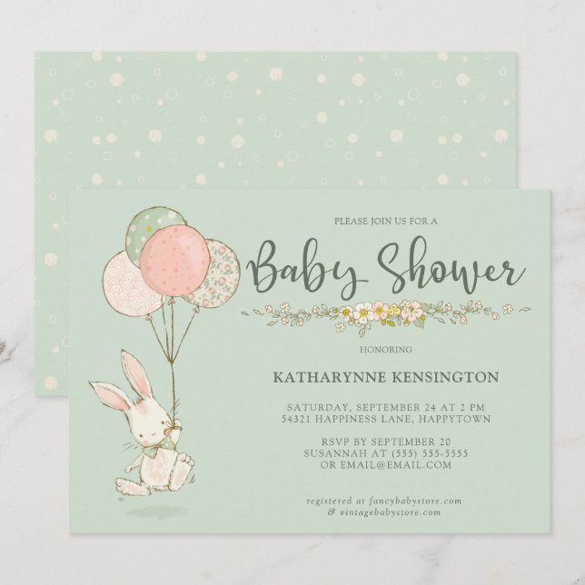 Invitation Joli Baby shower Floral Lapin Vintage (Devant / Derrière)