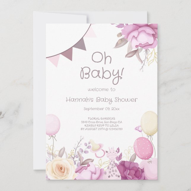 Invitation Joli Baby shower Floral Lilac Rose fille (Devant)