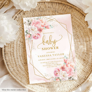 Invitation Joli baby shower floral parties scintillant or ros