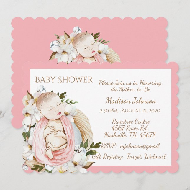 Invitation Joli Baby shower Floral Rose bébé fille (Devant / Derrière)