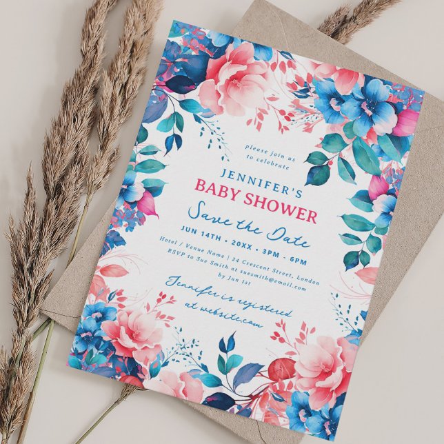 Invitation Joli Baby shower Floral Rose Bleu Date de sauvegar (Pretty Floral Baby Shower Blue Pink Save Date Invitation)
