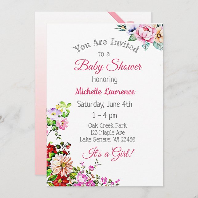 Invitation Joli Baby shower floral rose fille (Devant / Derrière)