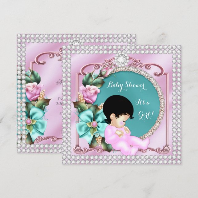Invitation Joli Baby shower Floral Turquoise rose Brunette Bé (Devant / Derrière)