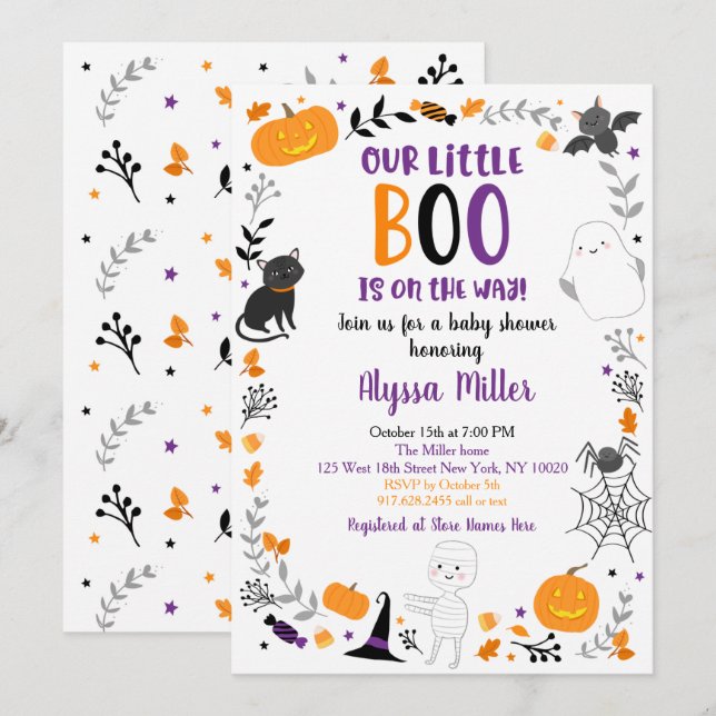 Invitation Joli Baby shower Halloween Little Boo (Devant / Derrière)