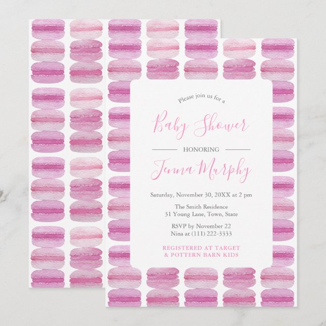 Invitation Joli Baby shower Macaron couleur rose Aquarelle (Devant / Derrière)