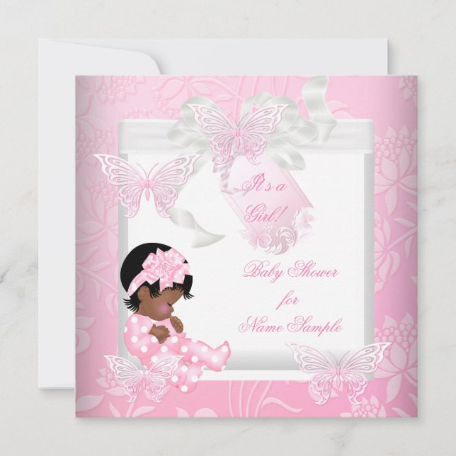 Invitation Joli Baby shower mignon fille papillon rose AA (Devant)