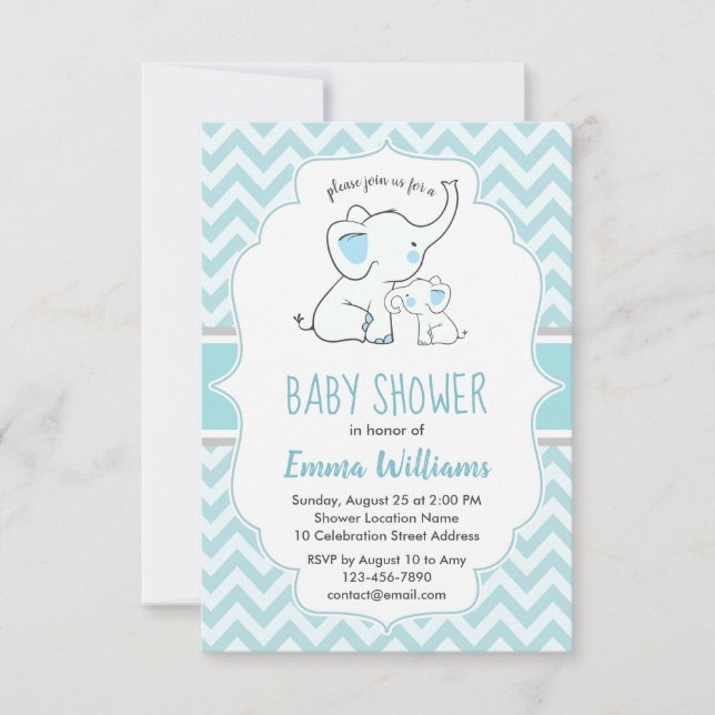Invitation Joli Baby shower moderne Blue White Elephant Boy (Devant)