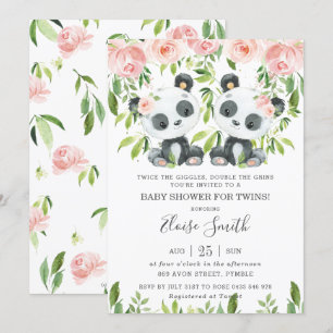 Invitation Joli Baby shower Panda Rose Floral Twin Girls