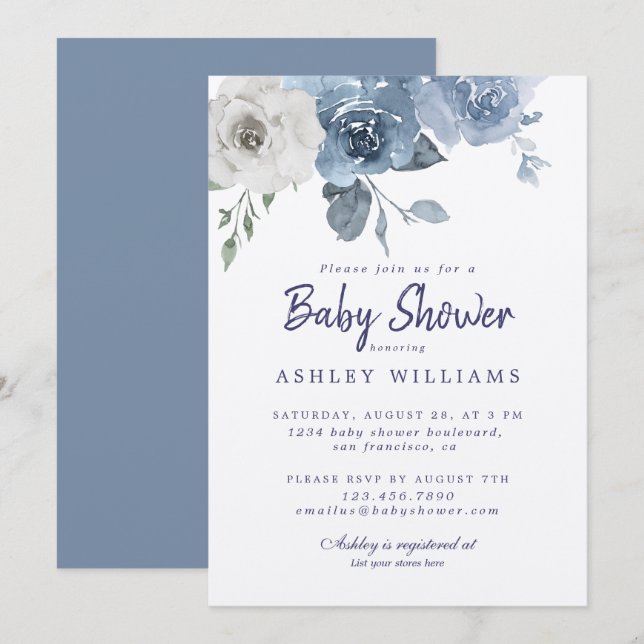 Invitation Joli Baby shower Rose bleu ivoire Dusty (Devant / Derrière)