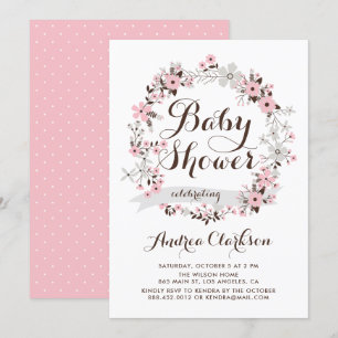 Invitation Joli Baby shower rose et gris fleuri