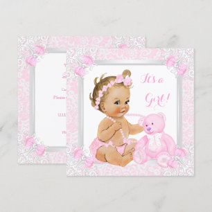 Invitation Joli Baby shower rose fille dentelle ours Blonde b