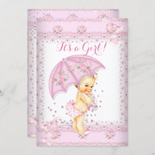 Invitation Joli Baby shower rose Fille Parapluie Floral Blond