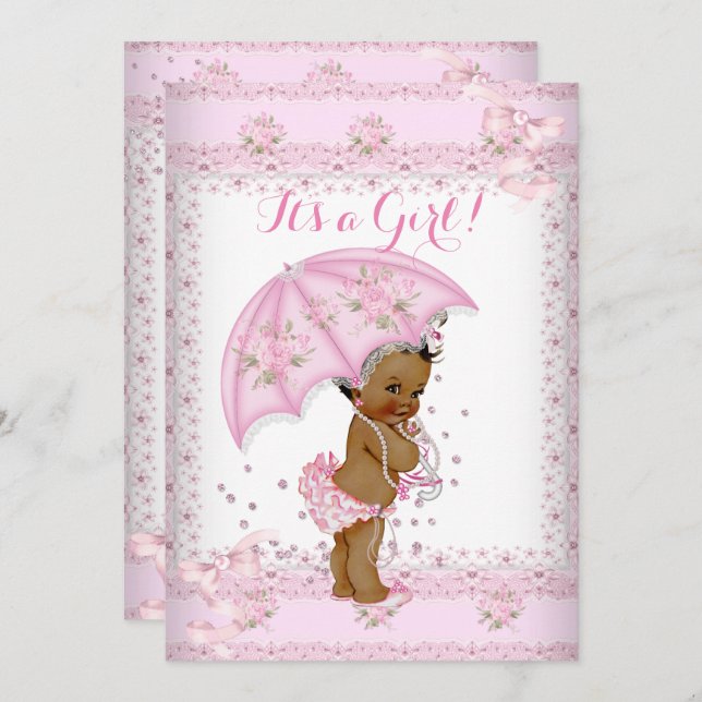 Invitation Joli Baby shower rose Fille Parapluie Floral EAA (Devant / Derrière)