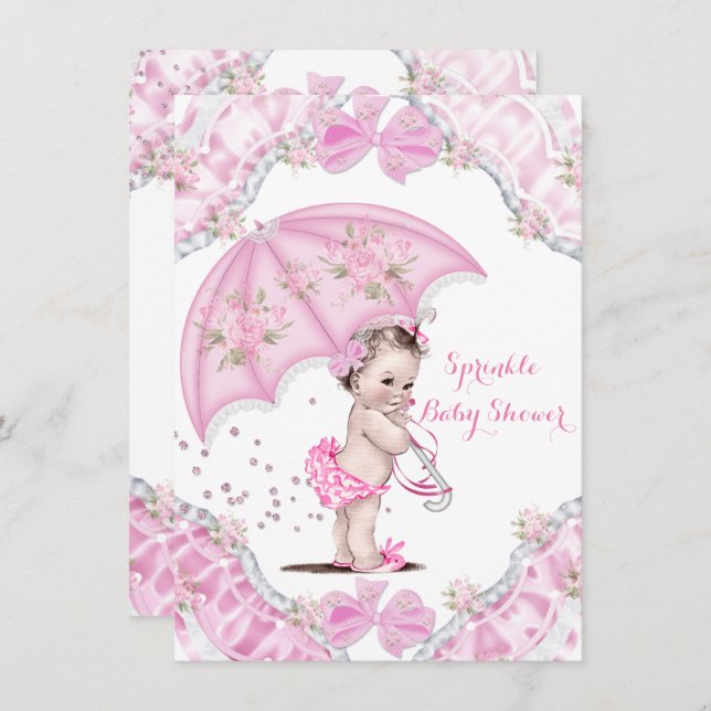 Invitation Joli Baby shower rose Parapluie Fleurs Fille (Devant / Derrière)