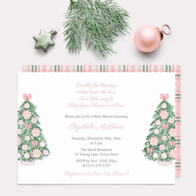 Invitation Joli Baby shower rose vert Noël Twin Girls (Maximalist pink chinoiserie, poinsettia and bows invitation for twin baby girls shower party)