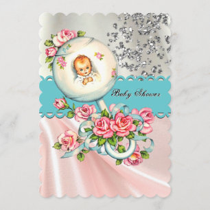 Invitation Joli Baby shower rose Vintage et bleu Turquoise