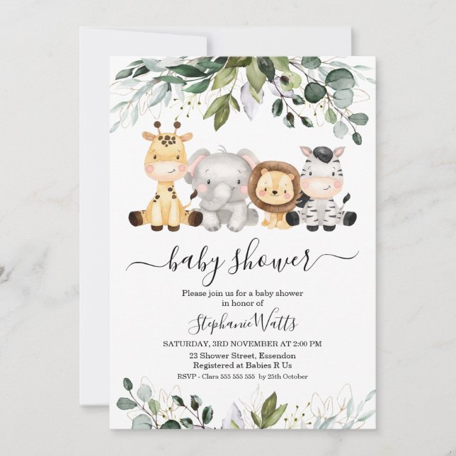 Invitation Joli Baby shower Safari Green Gold Foliage (Devant)