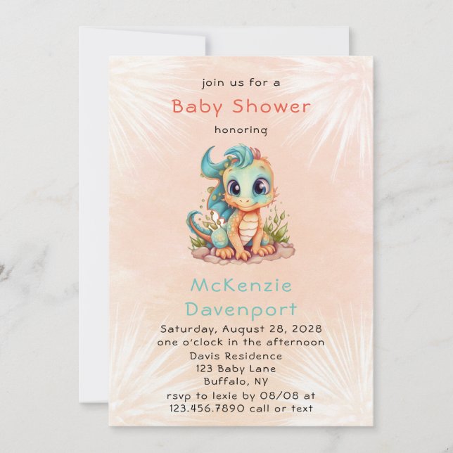 Invitation Joli Baby shower Turquoise de dragon orange (Devant)