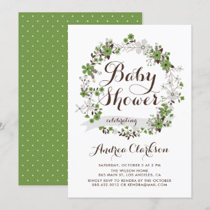 Invitation Joli Baby shower vert et gris fleuri de couronne