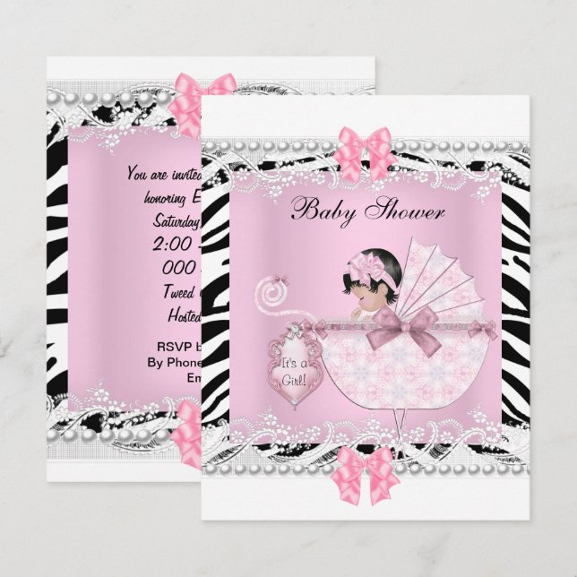 Invitation Joli Baby shower Zebra Baby Girl Dentelle rose (Devant / Derrière)