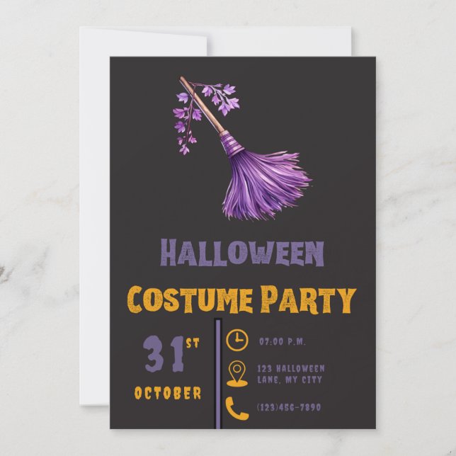 Invitation Joli Balai de Sorcières Violet Noir Halloween (Devant)