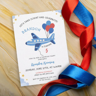 Invitation Joli ballon avion rouge et bleu pour 5ème annivers