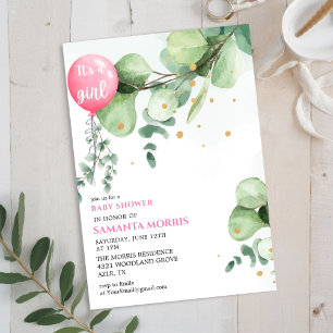 Invitation joli Ballon en eucalyptus rose C'est une Fille Bab