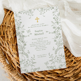 Invitation Joli baptême aux vignes et fleurs du jardin de sau