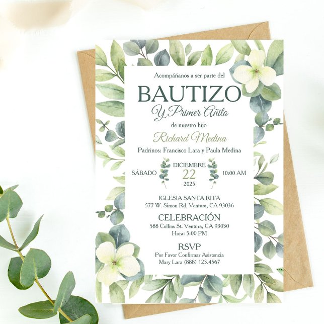 Invitation Joli Baptême et première année feuilles vertes (Créateur téléchargé)