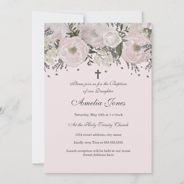 Invitation Joli baptême floral rose blush argent (Devant)