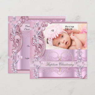 Invitation Joli Baptême Rose Fille Photo Papillon Croix