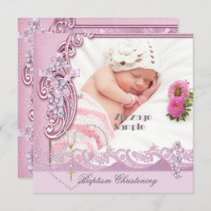 Invitation Joli Baptême rose Fille Photo Papillon Dentelle