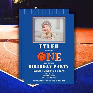 Invitation Joli Basketball Bleu Photo Un Anniversaire 1 an