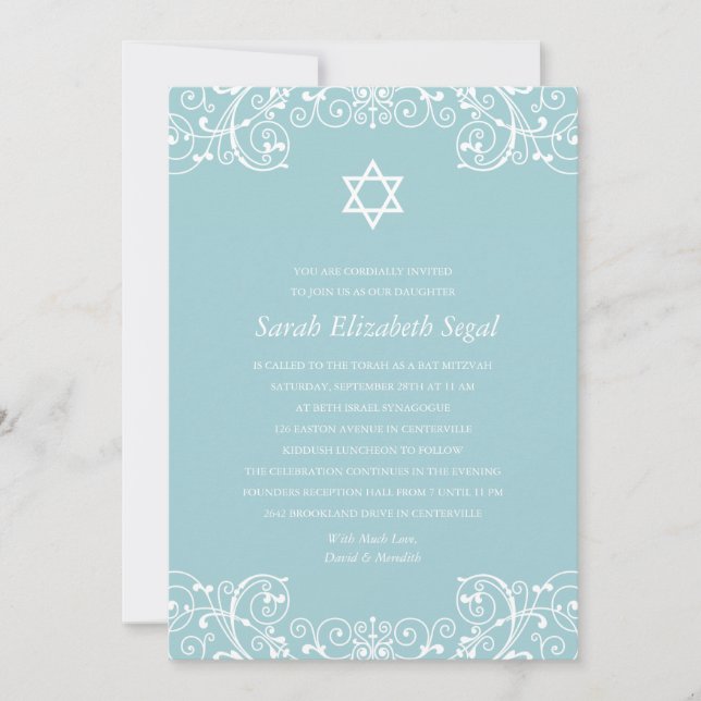 Invitation Joli Bat mitzvah bleu élégant (Devant)