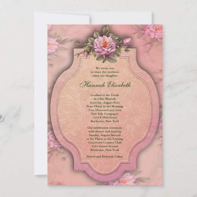 Invitation Joli Bat mitzvah rose (Devant)