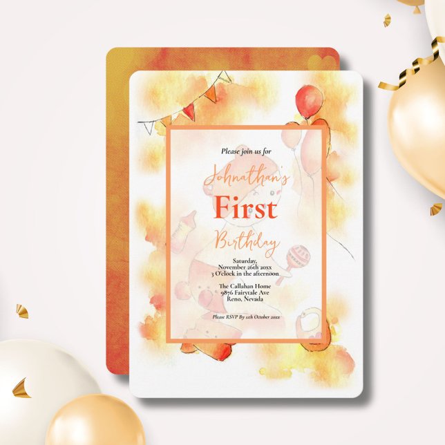 Invitation Joli bébé à l'aquarelle orange et jouets 1er anniv (Créateur téléchargé)
