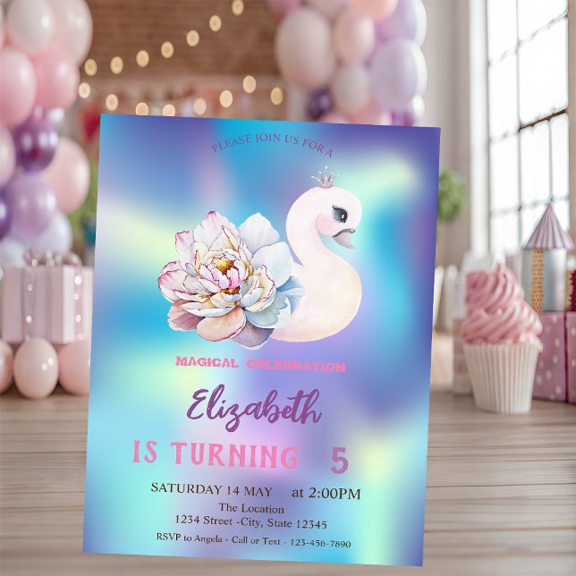 Invitation Joli bébé cygne fleur bleu holographique Anniversa (Créateur téléchargé)