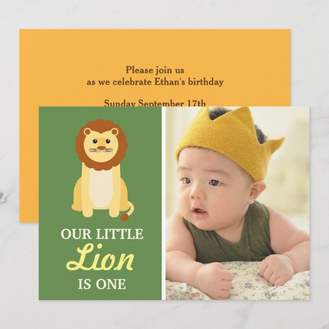 Invitation Joli bébé garçon lion jaune mignon 1ère première f (Devant / Derrière)