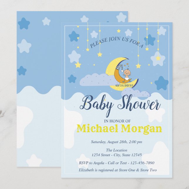 Invitation Joli bébé garçon, Lune, Étoiles (Devant / Derrière)