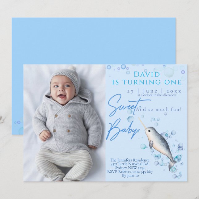 Invitation Joli bébé Narwhal 1er anniversaire fête (Devant / Derrière)