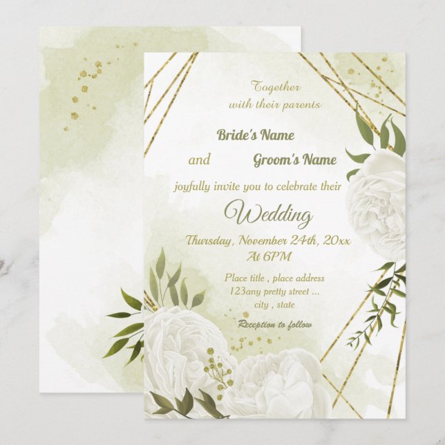 Invitation joli blanc fleurs verdure mariage géométrique (Devant / Derrière)