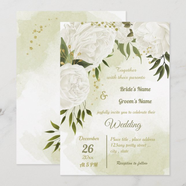Invitation joli blanc fleurs verdure mariage géométrique (Devant / Derrière)