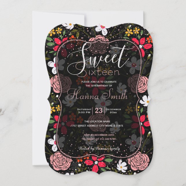 Invitation Joli blanc rose floral noir brush Strokes (Devant)