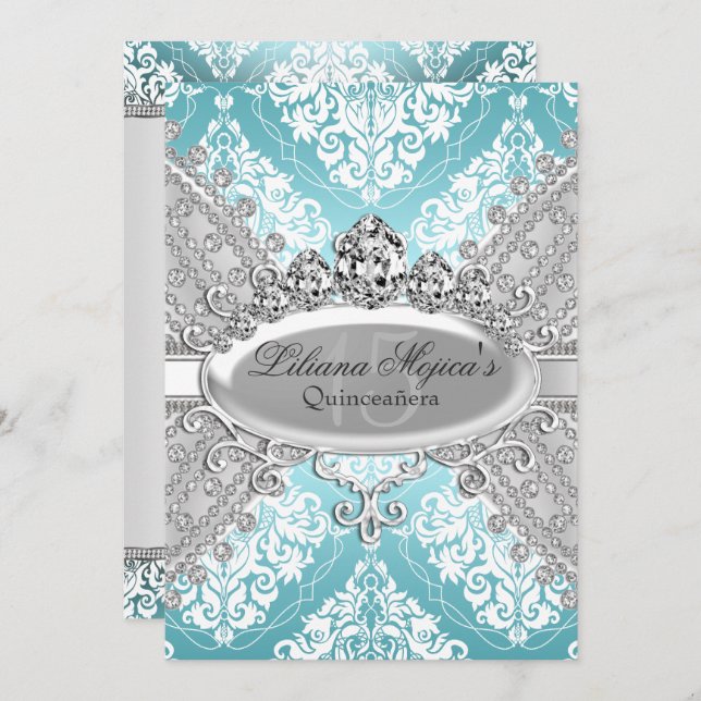 Invitation Joli bleu argenté Damask & Tiara Quinceanera (Devant / Derrière)