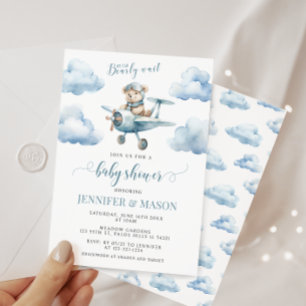 Invitation Joli bleu avion en peluche ours bébé garçon douche
